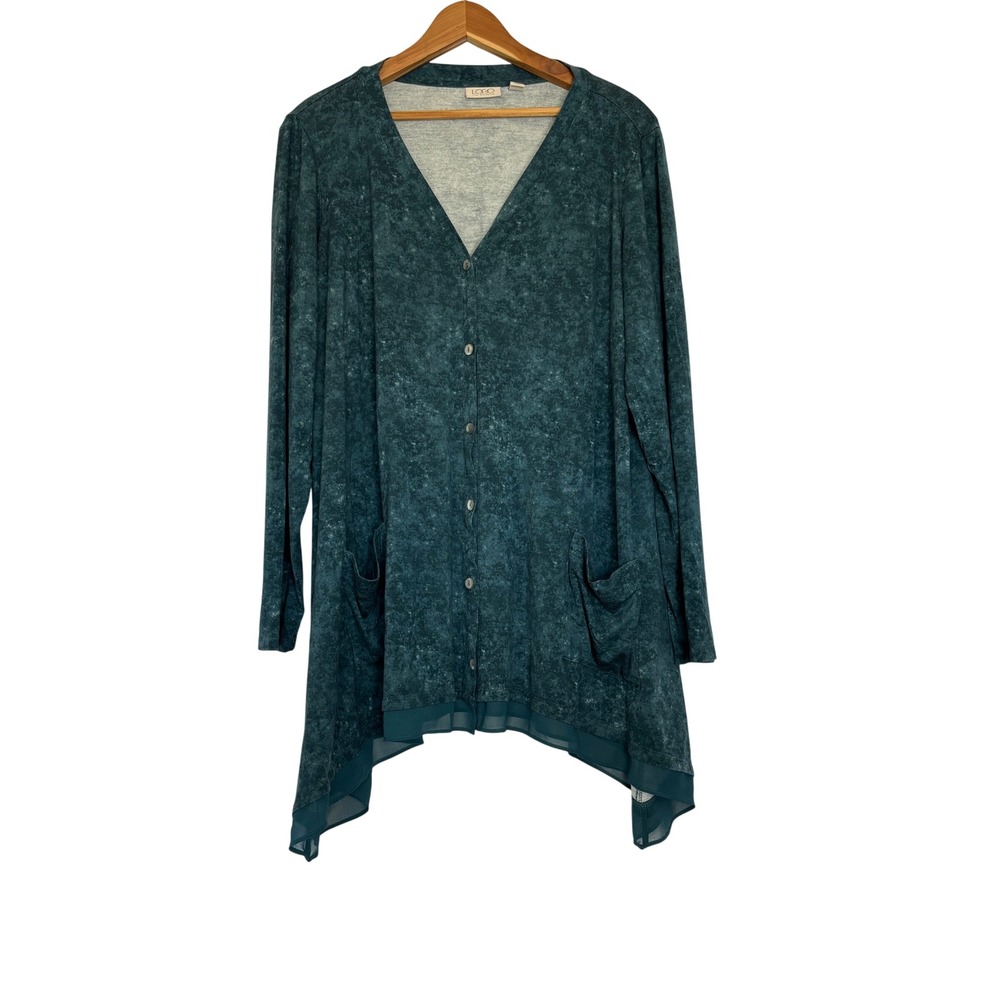 LOGO Lori Goldstein Teal Acid Wash Button Front Cardigan Sharkbite Hem 1X